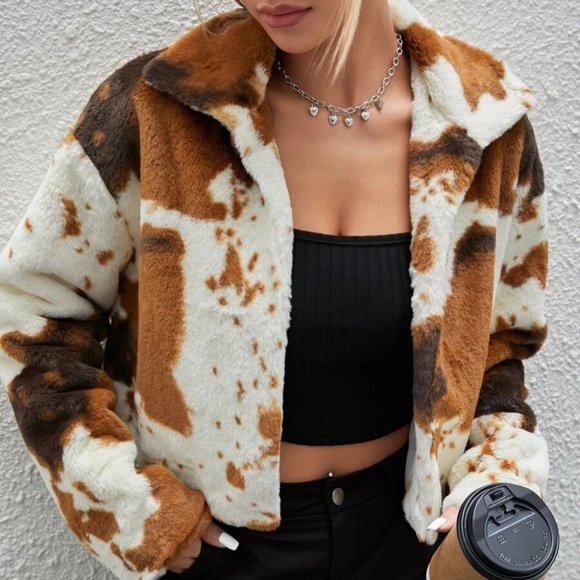 MODA ME COUTURE Jackets & Blazers - Cow Print Faux fur Coat Jacket Winter fall trendy